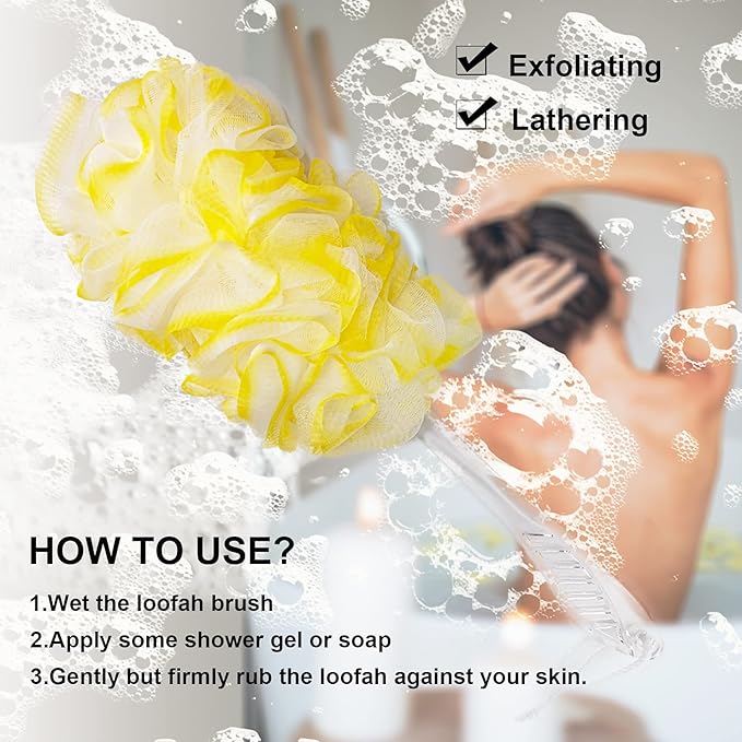 PPHAO - Back Bath Brush - Long Handle Shower Scrubber - Yellow Loofah Exfoliating Body Scrubber for Men and Women - 1 Pack