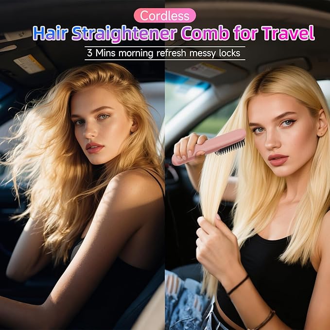 Cordless Hair Straightener Brush - Rizzrosa Portable Hot Comb for Travel, Mini Hair Straightener for Women, 4 Temperature Settings, Ideal for Camping, Office, Parties(Pink)