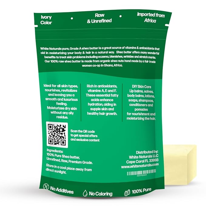 White Naturals Shea Butter 8 oz Pure, Raw, Unrefined, African, Grade A, Ivory, Perfect Skin Moisturizer, DIY Lip Balms, Stretch Marks, Recover Sun Damage, Whipped Body Butter