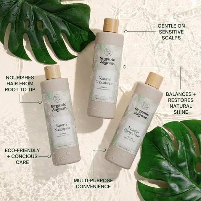 Organic Jaguar Natural Shampoo for Hair Care, Sulfate Free Shampoo with Castor Oil, Jasmine, Glycerin, Aloe Vera & Mild Thickening Agent, Dry to Color Treated to All Hair, 13.5 fl oz