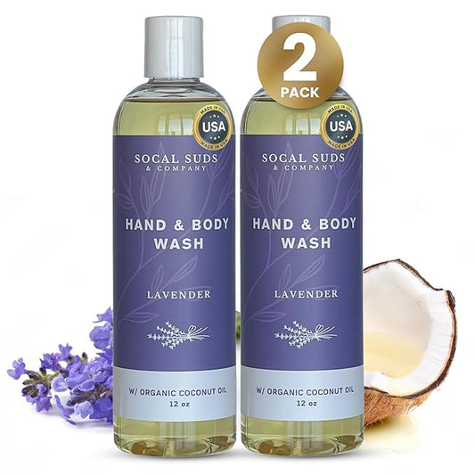 SoCal Suds & Company - 12oz Organic Soap Liquid, Gentle Hand & Body Wash, Organic Body Wash for Men and Women, Made w/Organic Oils & Coconut Oil, Bath Essentials for All Skin Types - 2pk Lavender