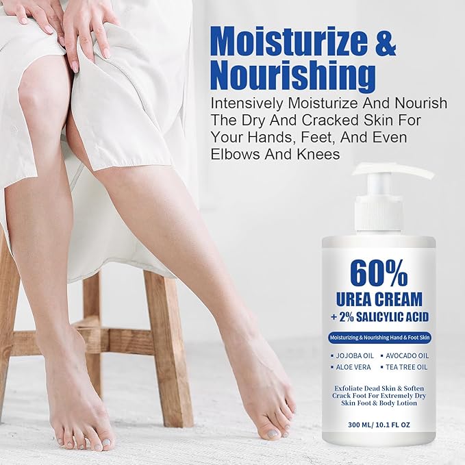 Urea Cream 60% plus 2% Salicylic Acid for Feet Maximum Strength - Lotion For Dry Cracked Feet Elbows Knees Heels Hands, Hydrates Foot Care for Softening and Moisturizing, Callus Remover 10.1oz
