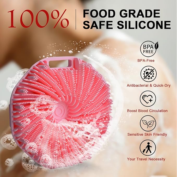 Silicone Body Scrubber Shower Brush, Exfoliating Body Wash Scrubbers for All Skin Types, Ergonomic No-Slip Handle, Exfoliation & Gentle Massage,Body Brush for Showering with Hanging Hole (Pink)