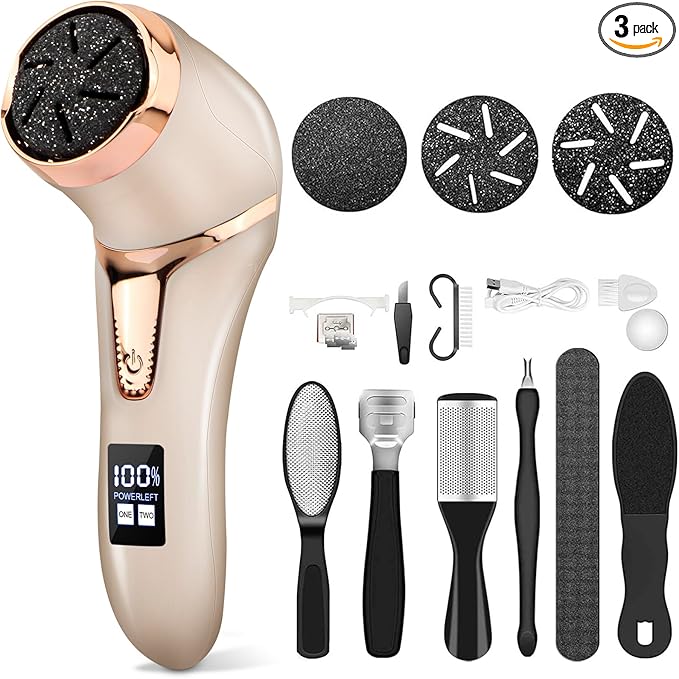 Callus Remover for Feet (with Dander Vacuum), Portable Pedicure Kit Foot File Callus Remover, Rechargeable Waterproof Foot File for Foot Care Deadskin Remover with 3Head&LCD Display, Gold