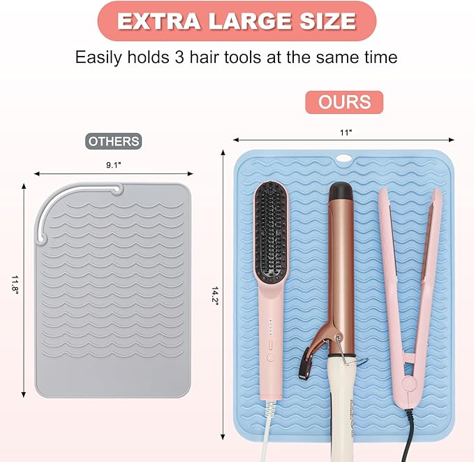 Oversize Silicone Heat Resistant Mat for Curling Irons, Hair Straighteners, Flat Irons and Hot Hair Styling Tools, Portable Wrap Pad Cover for Vanity, Travel, Salon(14.2" x 11.0")