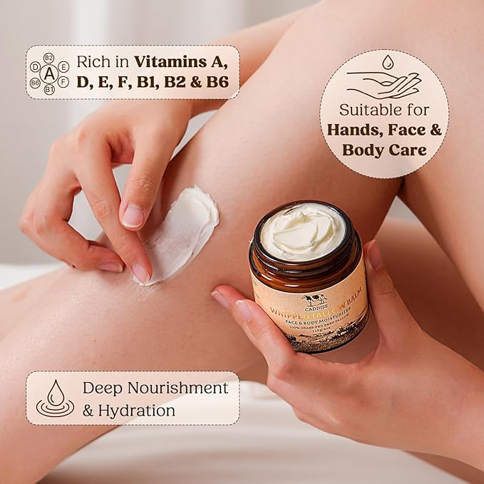 Whipped Beef Tallow for Skin–100% Grass-Fed Handmade Cream Moisturizer for Face & Body, Natural with Honey, Shea Butter, Jojoba Oil, Non-Greasy, Nourishing for Men, Women, Kids, 4 Oz (Vanilla)