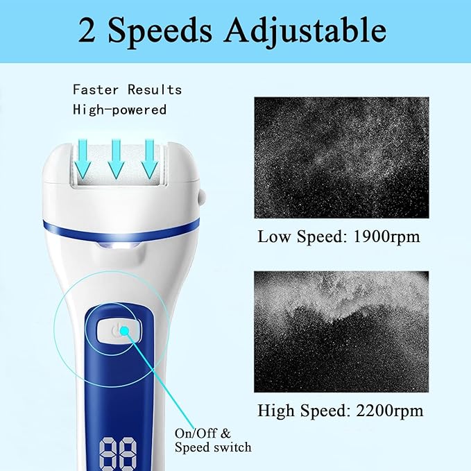 Callus Remover for Feet Electric Foot File, 13-in-1 Professional Pedicure Tools Foot Care Kit, Foot Scrubber Pedi for Hard Cracked Dry Dead Skin, 3 Rollers, 2 Speed, Battery Display (White&Blue)