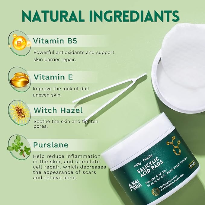 ANAI RUI 2% Salicylic Acid Pads,Face Cleansing Pads Witch Hazel Wipe for Acne & Blemishes Clear, Facial Peel Resurfacing & Exfoliating Face Wash Wipes, 80 Count