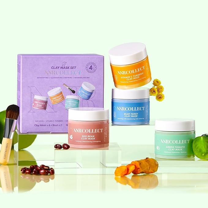 4Pcs Clay Mask Set, Kaolin Facial Spa Kit for Pore Cleansing & Glowing, Hydrating Mud Cream Wash-Off Mask for All Skin Types, Women and Men (70g*4+Brush)