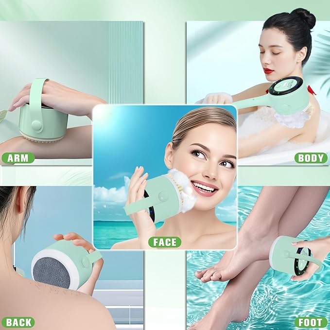 Electric Body Brush Back Scrubber, Waterproof Long-Handle 5-Head Electric Body Scrubber, Rechargeable Bath Brush and 3 Types of Speed Body scrubbe，for Cleaning Massaging and exfoliating (Green)
