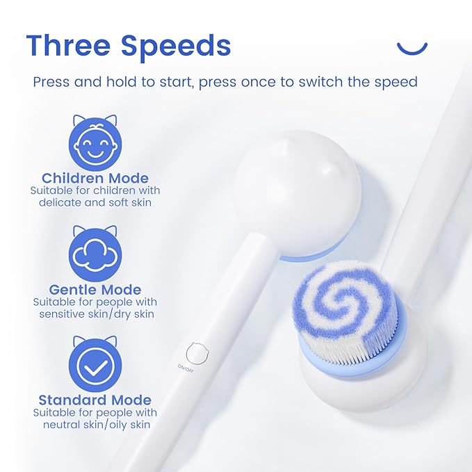 Electric Back Scrubber for Shower Body Brush, Waterproof Shower Body Scrubber for Cleansing, Massaging, Rechargeable Bath Brush for Kids & Adults with 2 Heads & 3 Speed Modes, Milk White XY0