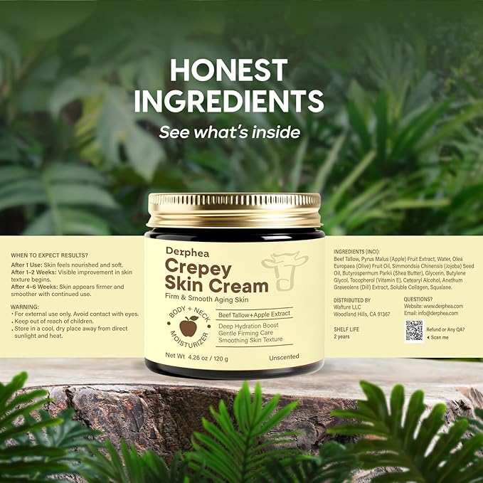 Crepey Skin Repair Treatment: Crepey Skin Repair Cream for Aging Skin with Pure Beef Tallow, Soluble Collagen & Apple Fruit - Advanced Crepe Fix Cream for Neck, Arms, Chest, Body - Unscented