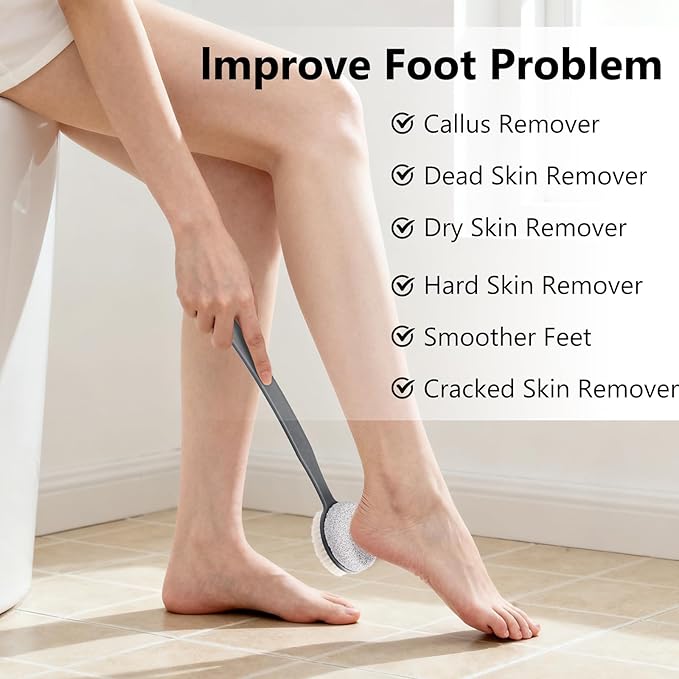Foot File Callus Remover,Beomeen Pumice Stone for Feet with Long Handle, Hard Skin Callus Remover, 2 in 1 Foot Scrubber, Back Body Brush for Shower Brush Deep Cleansing and Exfoliating (Curved),Grey