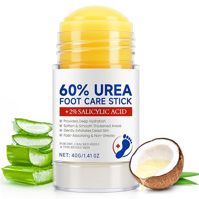 Urea Cream Stick 60% plus 2% Salicylic Acid for Feet Maximum Strength, Foot Lotion Stick for Rough Thick Dry & Cracked Skin, with Coconut Oil, Green Tea Extract, Tea Tree and Aloe Vera