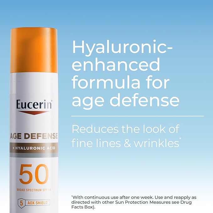 Eucerin Sun Age Defense SPF 50 Face Sunscreen Lotion with Hyaluronic Acid, Hypoallergenic, Non-Comedogenic Sunscreen SPF 50, Holiday Gifts for Self Care, 2.5 Fl Oz Bottle