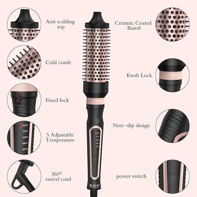 Thermal Brush 3 in 1 Set Ionic Heated Round Curling Create Volume & Smoother Hair Style for Fully Dried Hair Ceramic Fast Heating Curling Iron Brush with Temperature (Black)