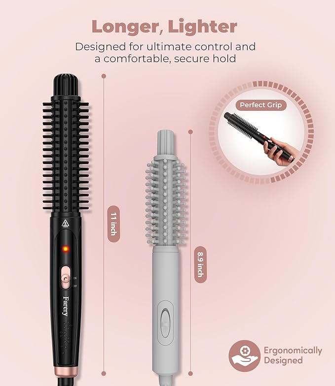 Farery 1 Inch Thermal Brush Curling Iron for Smooth Natural Curls – Anti-Scald Hard Bristles, Lightweight, One-Button Start, Dual Voltage Travel Hair Tool with 360° Swivel Cord, 410°F Fast Heat