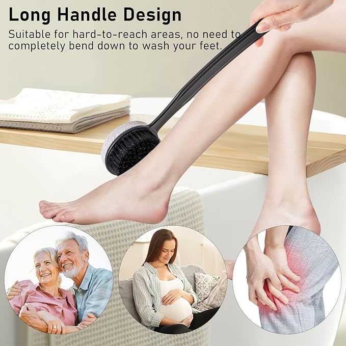 Pumice Stone for Feet and Shower Brush with Long Handle 13.7",Hard Skin Callus Remover, 2 in 1 Foot Scrubber Brush, Back Scrubber Body Brush for Shower Deep Cleansing and Exfoliating (Curved)