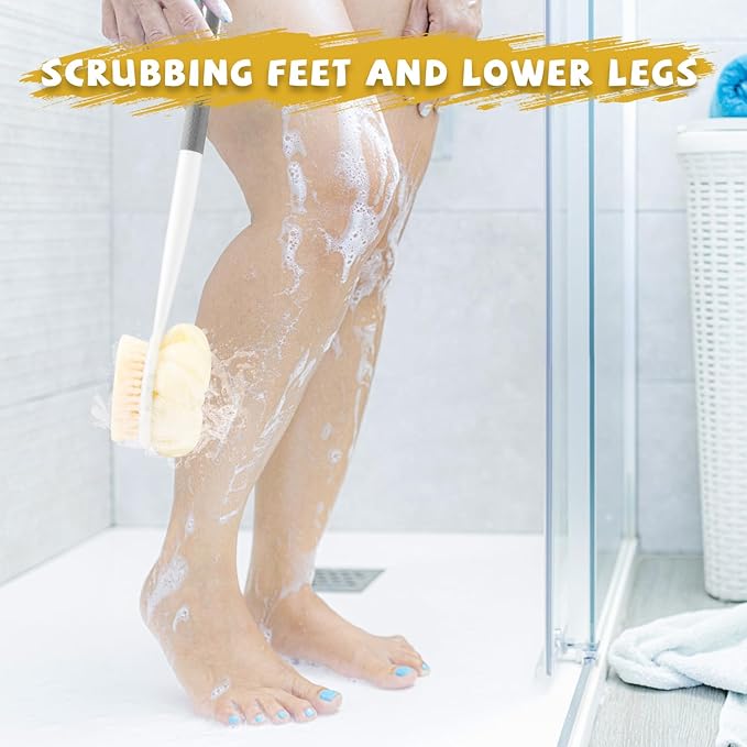 2 Pcs Long Handled Shower Brush Double Sided Bath Brush Massage Body Cleaning Mesh Sponge with Soft Bristles and Loofah for Skin Exfoliating Women Men - Grey