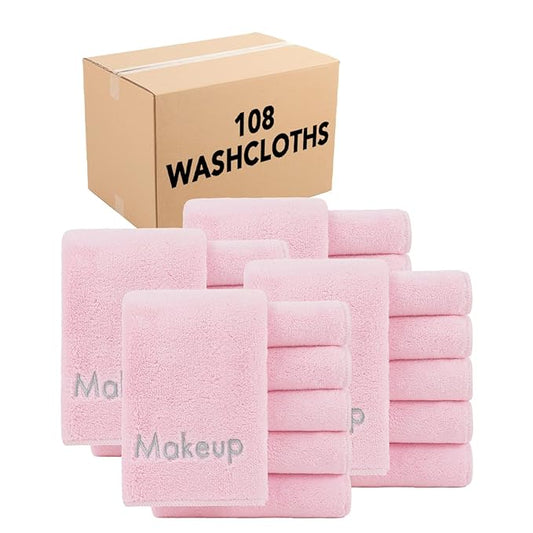 Arkwright Makeup Towels - Bulk Case of 108 - Ultra Soft & Gentle Microfiber Coral Fleece Washcloth Face Make Up Remover, Reusuable Eraser Cloth Essentials for Hosts & Artists, 13 x 13 in, Pink