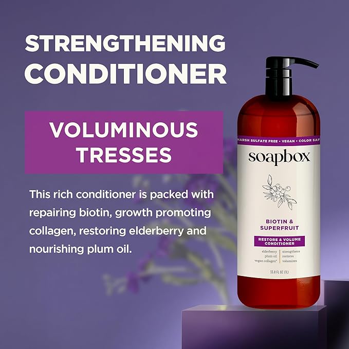 Soapbox Biotin & Superfruit Shampoo & Conditioner Set with Vegan Collagen, Aloe and Shea Butter, Harsh Sulfate Free, Paraben & Silicone Free, 1 Liter Each (Pack of 2)