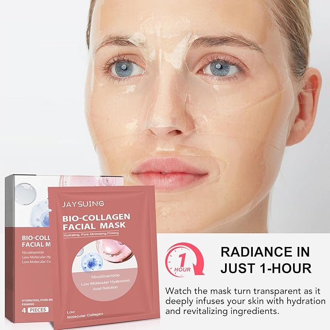 Deep Collagen Lifting Mask Overnight Bio-Collagen Jelly Gel Mask, Hydration Bio Overnight Hydrogel Face mask Sheet, for Glass Glow Skin, Firming, Moisturizing and Evens Skin Tone, 4PCS