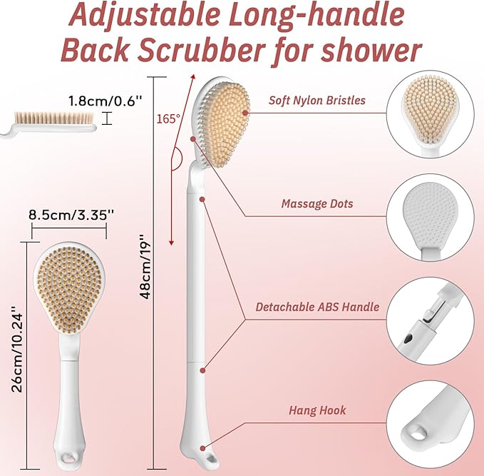 Back Scrubber for Shower, 19’’ Detachable Long Handle Shower Body Scrubber for Wet or Dry Brush, Adjustable 2-in-1 Back & Body Brush with Medium Soft Bristles for Deep Cleaning(White)