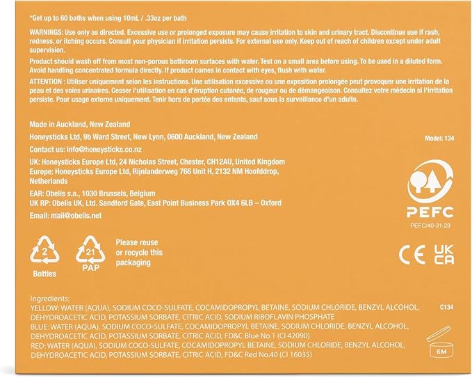 Honeysticks Kids Bubble Bath 3 Pk (Blue, Red, Yellow): Non-Toxic, Plant Based, Non Irritating - Changes Water Color and Creates Super Foaming Bath Bubbles - Safe for Toddlers 1-3, Kids 4-8, Bath Toys