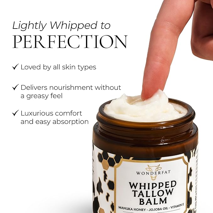 Grass-Fed Whipped Tallow Balm – Face & Body Moisturizer with Manuka Honey – Lightweight, Fast-Absorbing Hydration for Dry, Sensitive Skin – Unscented, Clean Formula – 3 oz
