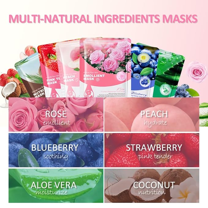 Kaely 6 Pack Variety Face Masks for Kids, Kids Face Mask Spa Day Kit Supplies, Spa Party Favors for Teens Girls Night, Sheet Facial Mask Skincare Gifts Set, Hydrating Soothe for All Skin Types, 02