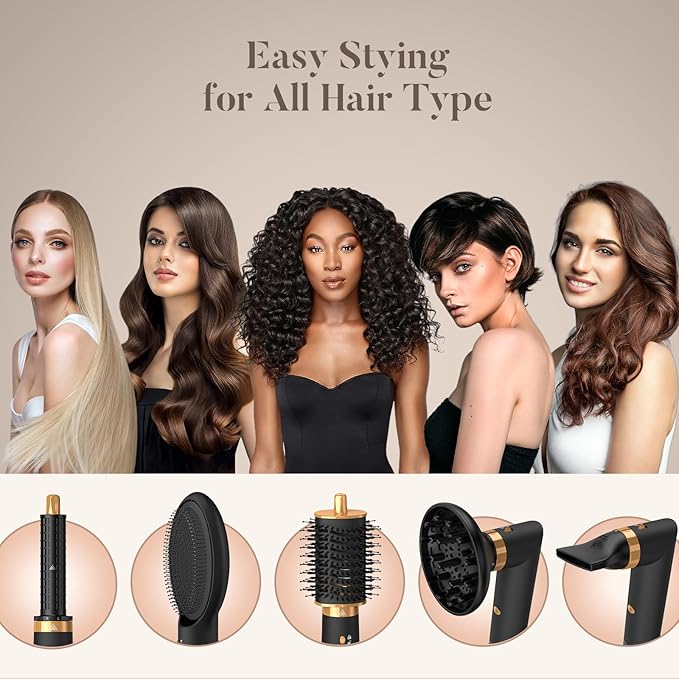 Air Styler 5 in 1, Auto-Wrap Curler, Cushion Massager, Oval Brush, Diffuser, Nozzle Attachment Hair Dryer Brush & Multi-Styler with 110,000 RPM High-Speed Powerful Motor