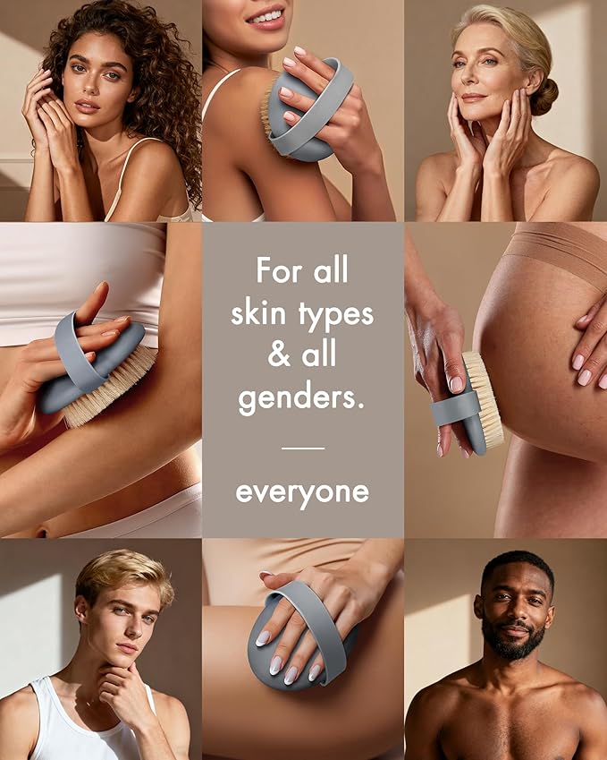 Dry Brushing Body Brush for Massage - Natural Boar Bristle Exfoliating Brush with Massage Nodes for Lymphatic Drainage, Cellulite, Blood Circulation Improving Skin Health for Women Men Elderly(Grey)