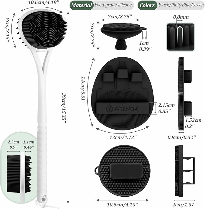 Silicone Back & Body & Face Scrubbers Set 4PCS, 15.35’’ Soft Back Scrubber for Dual-Side Usage, Easy-to-Hold Bath Glove Body Scrubber Face Scrubber for Good Foaming & Deep Cleaning(Black)