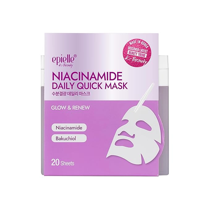 Epielle Niacinamide Korean Face Masks 20 Pack - Pore Minimizing Sheet Masks with Bakuchiol for Glowing Skin, Stocking Stuffers for Women K-Beauty