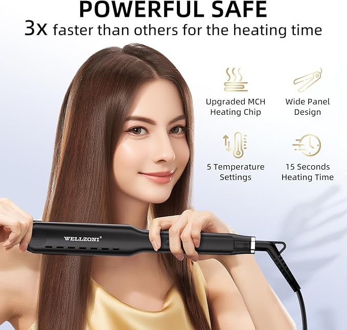 Flat Iron Hair Straightener 1.5 Inch - for Black Thick Hair, Anti Static Frizz Free, 250-480°F Adjustable Temp, Dual Voltage Travel Friendly