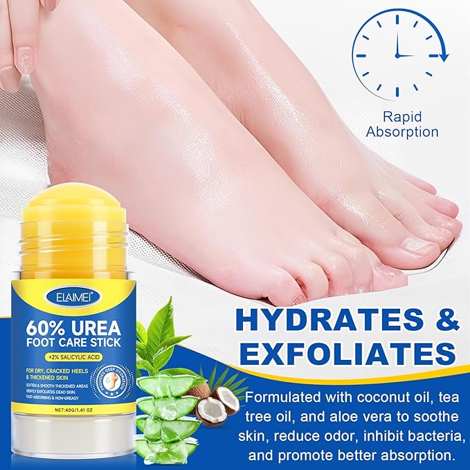 Urea Foot Care Stick - 60% Urea with 2% Salicylic Acid, 1.41oz - Moisturizer for Dry Cracked Feet,Knees,Elbows & Hands,Hydrating Cream,Callus Remover & Skin Softener,Soothes & Repairs Dry Skin