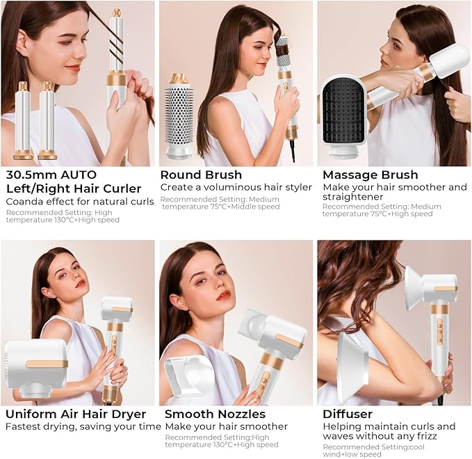 Blow Dryer Brush 7 in One, Negative Ion Hair Set Upgrade Hot Air Styler Wrap Curler, Curling Iron Styling Tools As A Gift for Straight/Curl/Drying/Smoothing