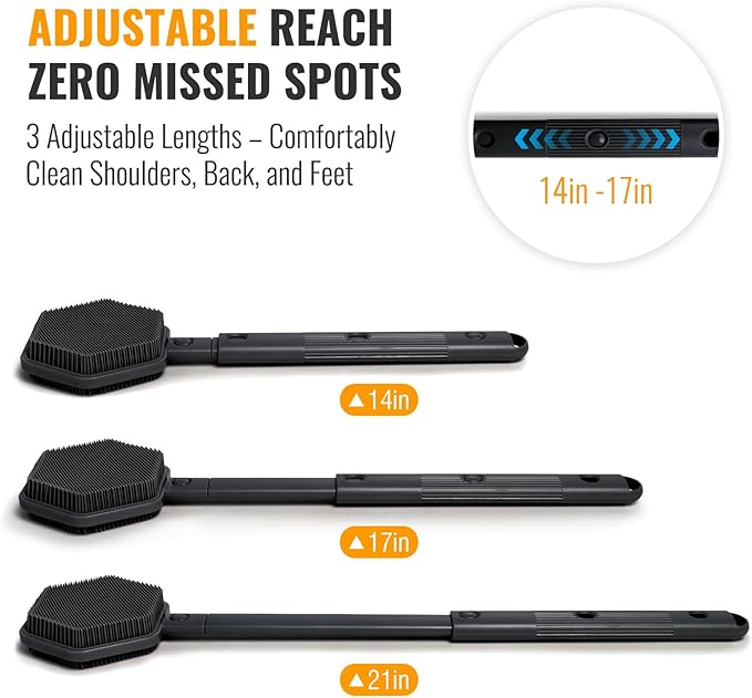 Silicone Back Scrubber for Shower – 21in Extendable Shower Brush with Long Handle – Dual-Sided Back Brush with Non-Slip Grip, Gentle Cleansing & Exfoliation for Men, Women, Elderly (Black)