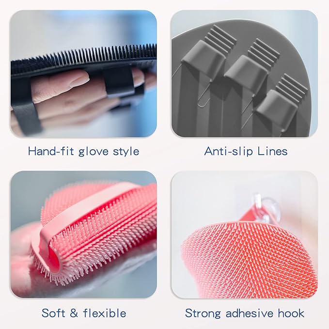 Manmihealth Silicone Back Scrubber(Thick Bristles) & Soft Bath Glove Set, Super-Exfoliating Body Scrubber & Super-Lathering Shower Brush Combination, with a Free Hook.(Gray)