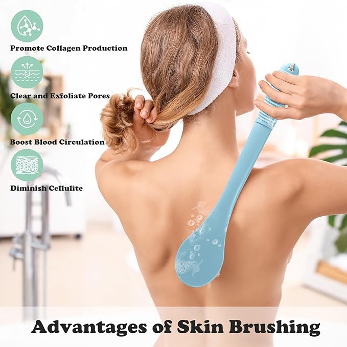 17-Inch Back Scrubber for Shower, Anti-Slip Exfoliating Body Brush for Bath, Gentle Back Brush for Shower for Men, and Women, Cleaning Skin for Smooth, Glowing Skin (Light Blue)