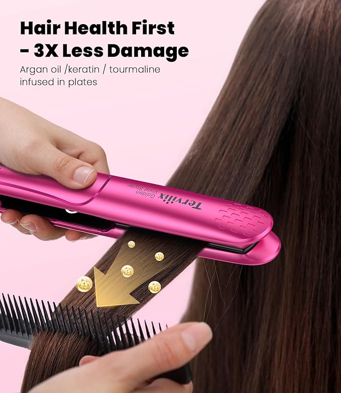 Terviiix Plancha De Cabello Profesional, 1 Inch Ceramic Flat Iron, Non-Snagging Plates, 3X Less Damage, 15s Fast Heating | Hair Straightener and Curler 2 in 1, 5 Adjustable Heat Settings, Hot Pink