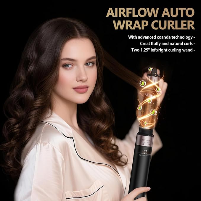 Hair Dryer Brush Air Styler: High Speed Blow Dryers Hair Styling Tool Set with 1 1/4 Inch Curling Iron Hot Airflow Auto Wrap Curler, Negative Ionic for Fast Drying Curling Volumizing Smoothing Gold