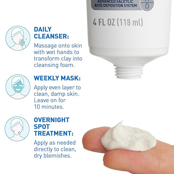 CeraVe Clay To Foam Acne Face Wash, Multi-Use Salicylic Acid & Kaolin Clay Acne Spot Treatment Clears Pimples & Blackheads, Prevents Breakouts, Hydrates & Soothes, Fragrance-Free, Non-Comedogenic, 4oz