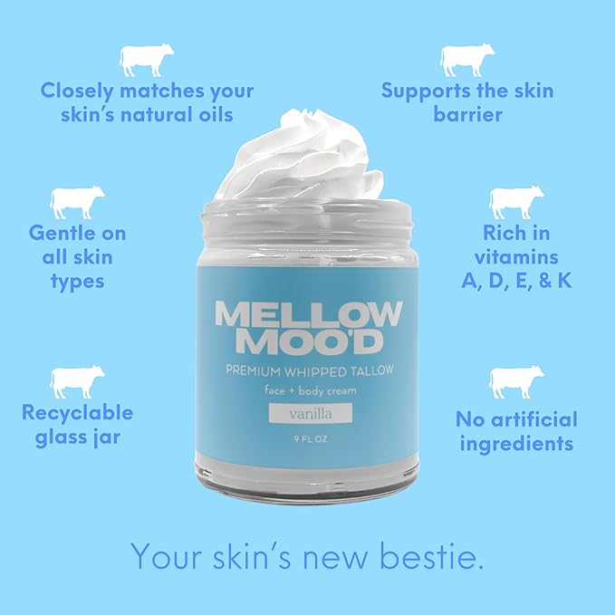 Mellow Moo'd Whipped Grass Fed Beef Tallow - Face + Body Cream - Tallow Moisturizer for Sensitive Skin - Natural Body Butter Lotion XTRA Large 9 FL OZ - Made In USA (9oz, Vanilla)