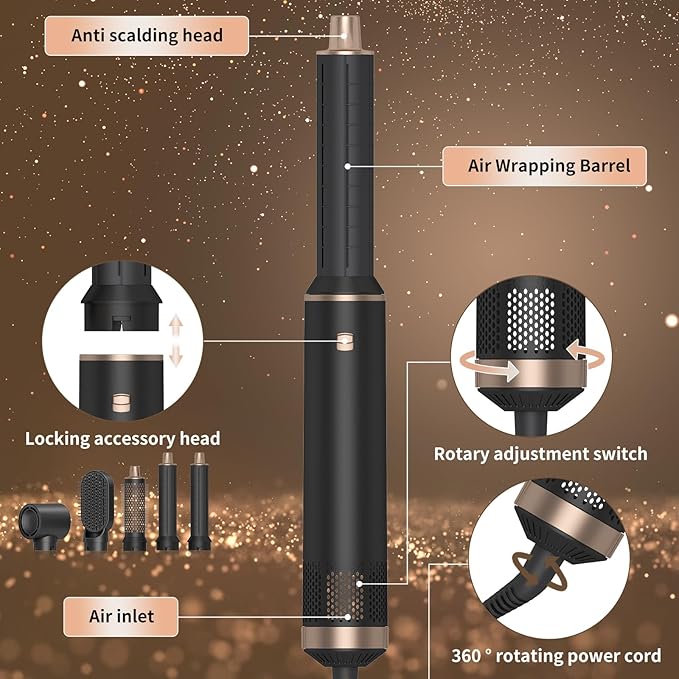 5 in 1 Hot Air Brush - Blow Dryer Brush & Air Curling Wrap Styler with Negative Ion Technology, Hair Dryer Brush for Drying, Curling, Straightening & Styling, Holiday Gift for Women (Black)