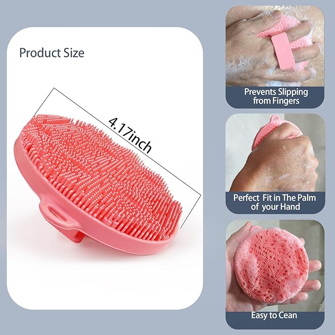 Silicone Body Scrubber-Silicone Shower Brush for Gentle Exfoliating & Lathering with Body Scrub & Wash, Durable & Hygienic, Deep Cleansing Exfoliator for All Skin Types - Shower Essential (Grey+Pink)