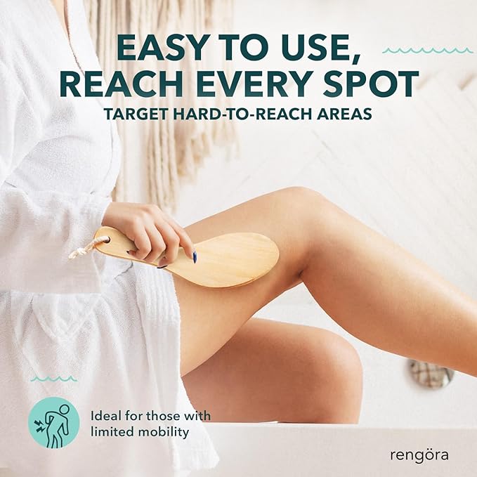 Dry Brushing Body Brush, Body Scrubber Dual-Use for Wet/Dry Exfoliating, Great for Lymphatic Drainage, Natural Boar Bristles, Ergonomic Handle, Makes a Nice Gift by Rengora