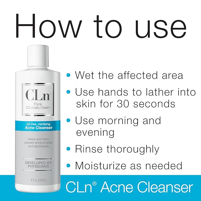 CLn® Acne Cleanser-The Only Cleanser with 0.5% Salicylic Acid Preserved with Sodium Hypochlorite for Clarifying Skin from Blackheads & Breakouts, Oil-Free & Fragrance-Free, 8 fl oz