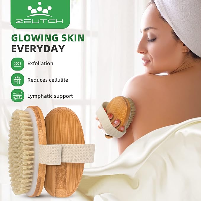 Premium Dry Brushing Body Brush Set for Lymphatic Drainage and Cellulite Treatment, Boar Bristle Long Handle Face Cleansing Brush for A Glowing Skin, 5 Pack