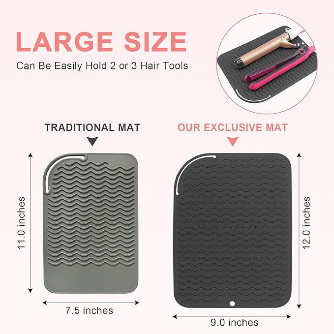 Plus Size Silicone Heat Resistant Mat, Portable Travel Hot Tools Pad Cover for Curling Iron, Flat Iron, Hair Straightener and Other Hair Styling Tools(12.0" x 9.0")